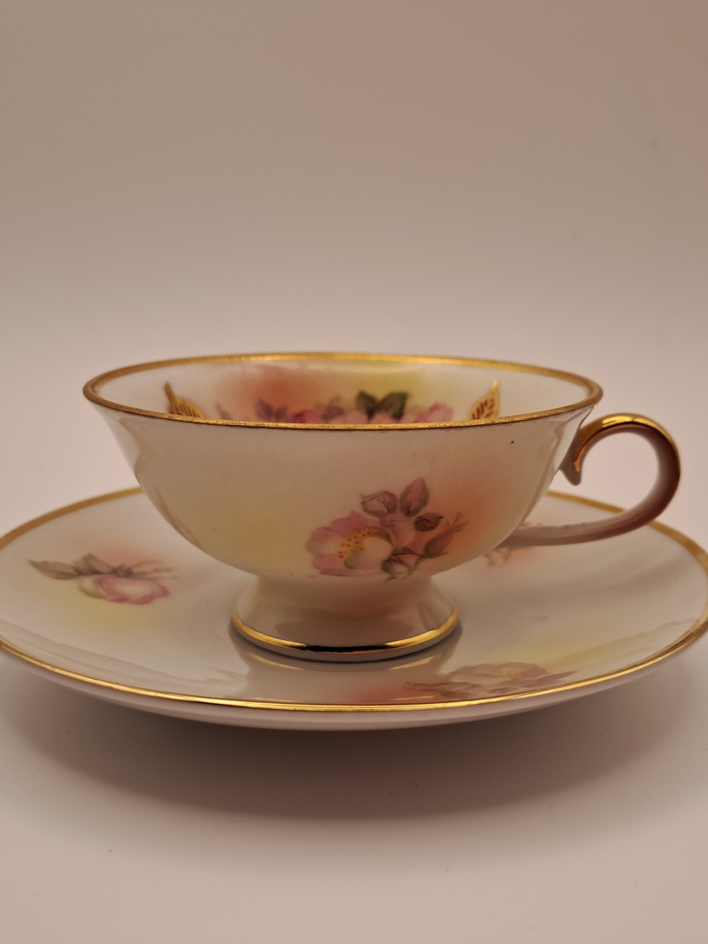 Wild Rose Porcelain Teacup and Saucer with Pink Floral and Gold Trim